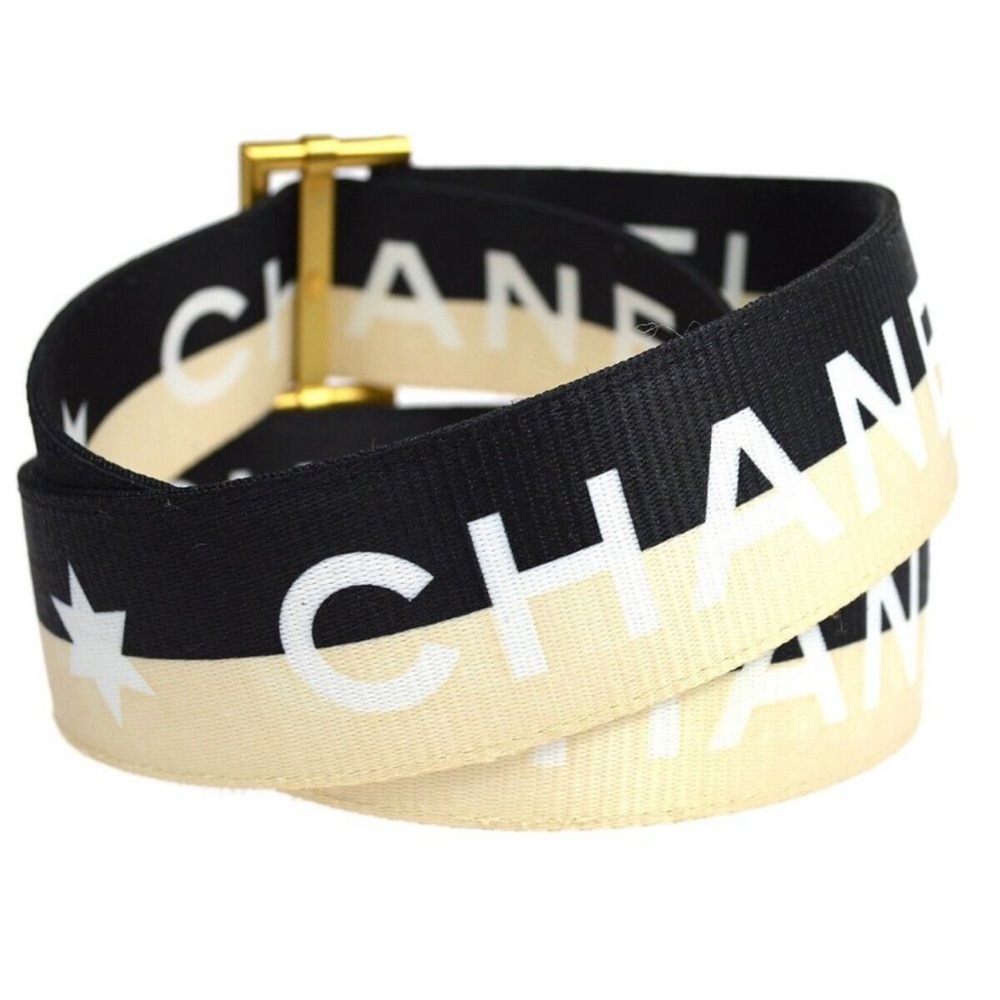 CHANEL Black and Cream Logo Ribbon Belt with Gold Buckle